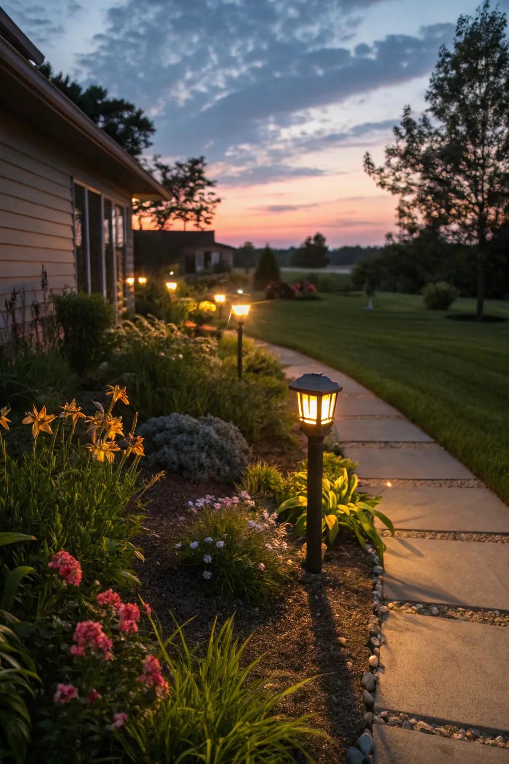 Solar lights casting a warm glow in a corner garden.