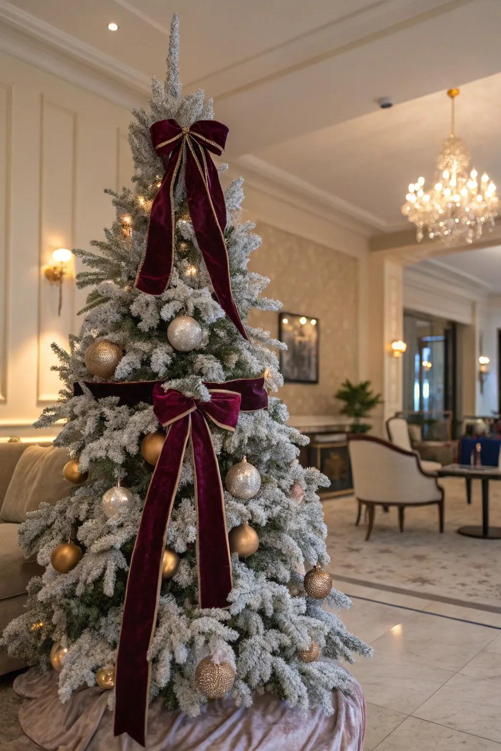 Velvet ribbons add a luxurious touch to this frosted tree.