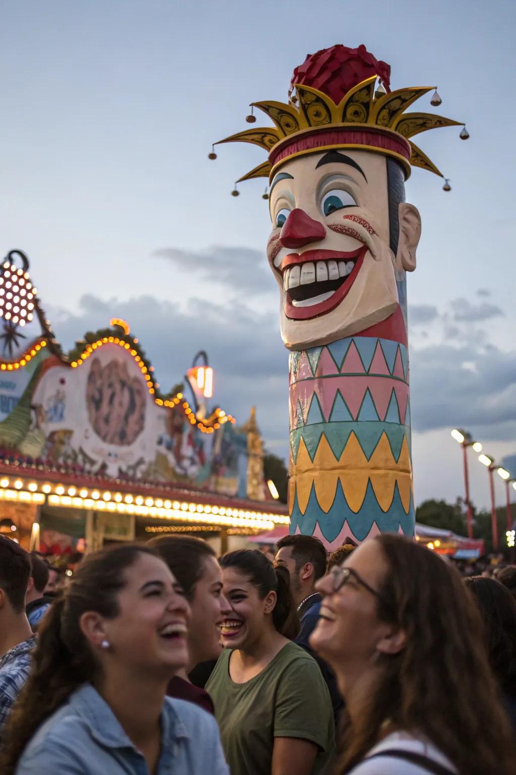 Funny face totems bring personalized humor to festival crowds.