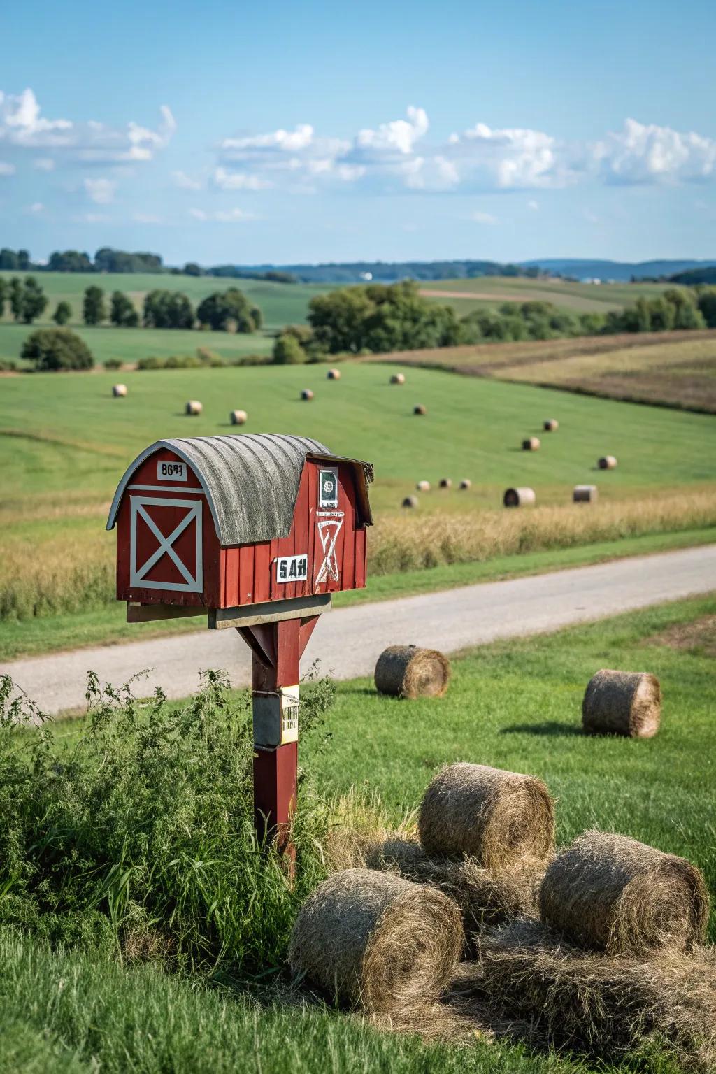 A miniature barn mailbox conveying a hint of countryside charm to suburban locales.