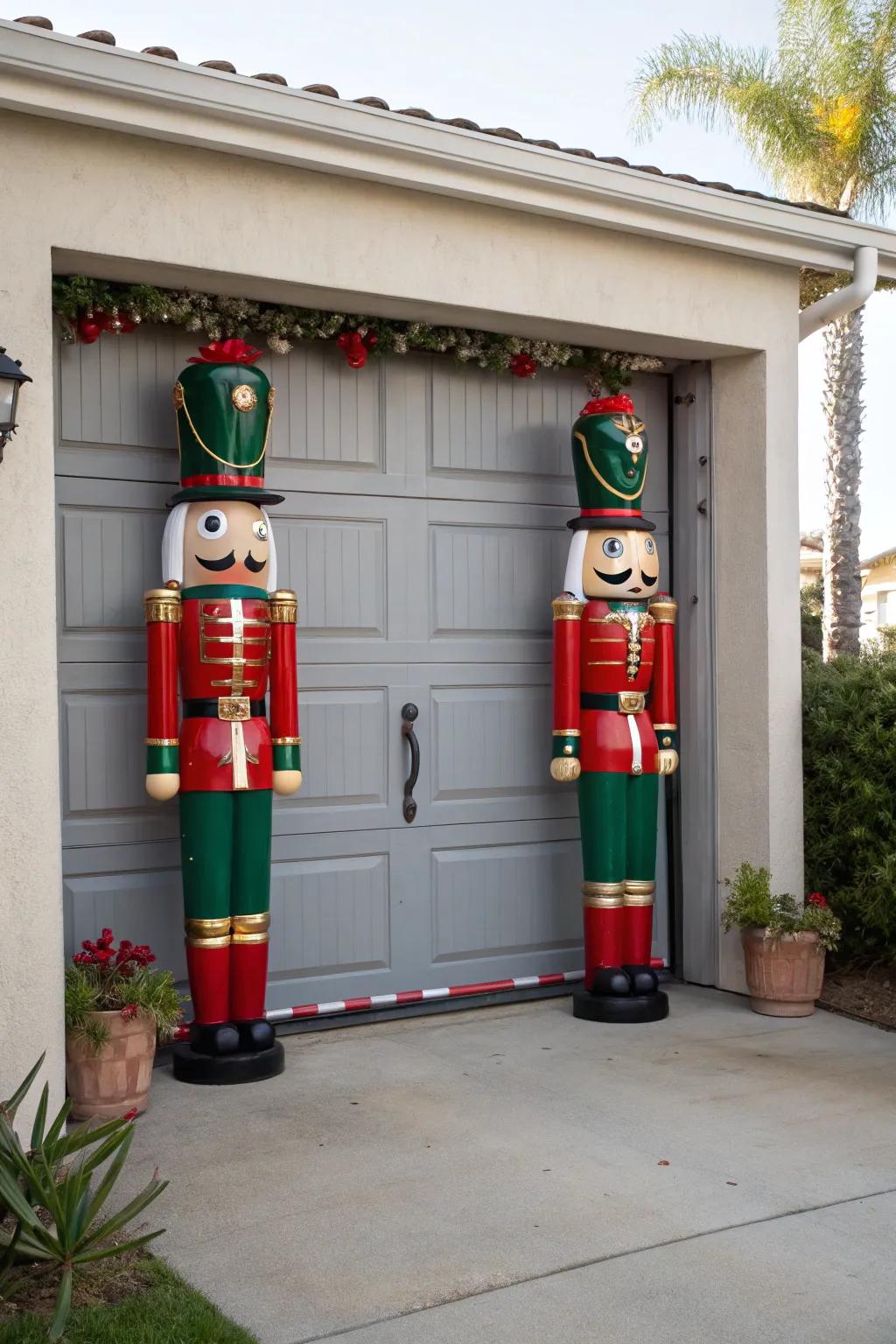 Garage door flanked by tall nutcracker figures.