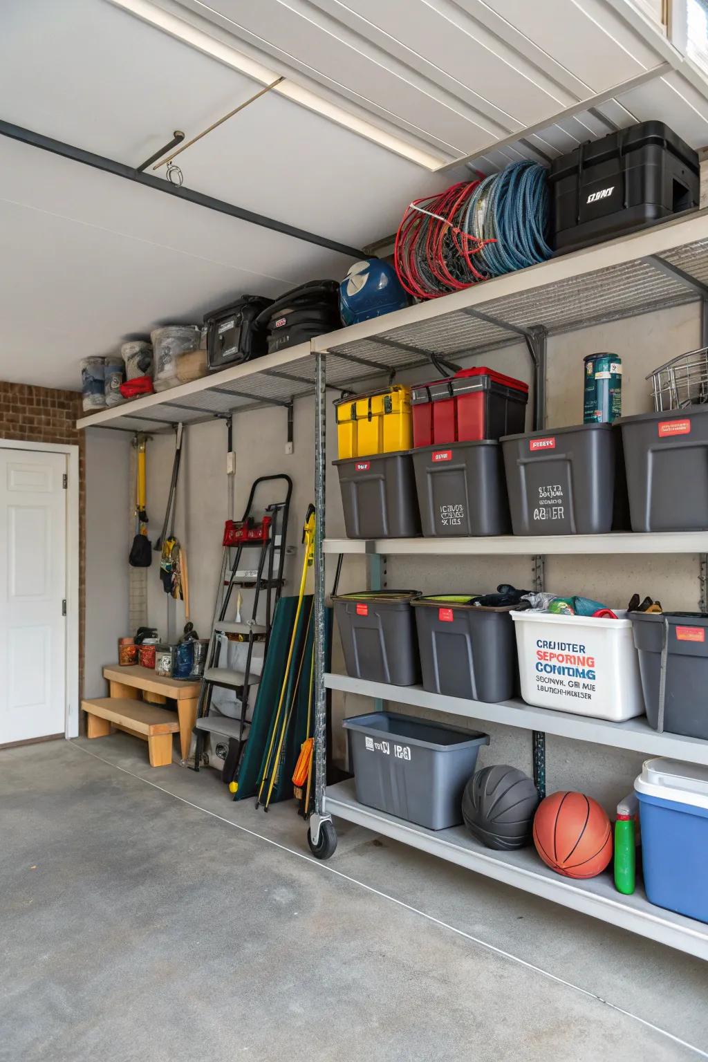 Overhead racks maximize storage space in garages.