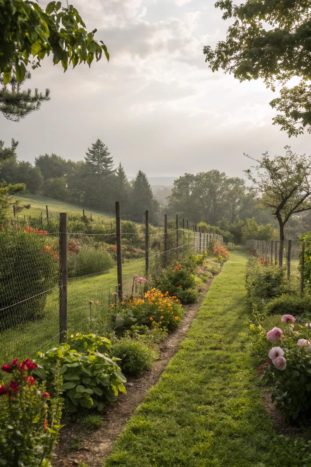 An electric fence provides a discreet yet effective barrier for garden protection.