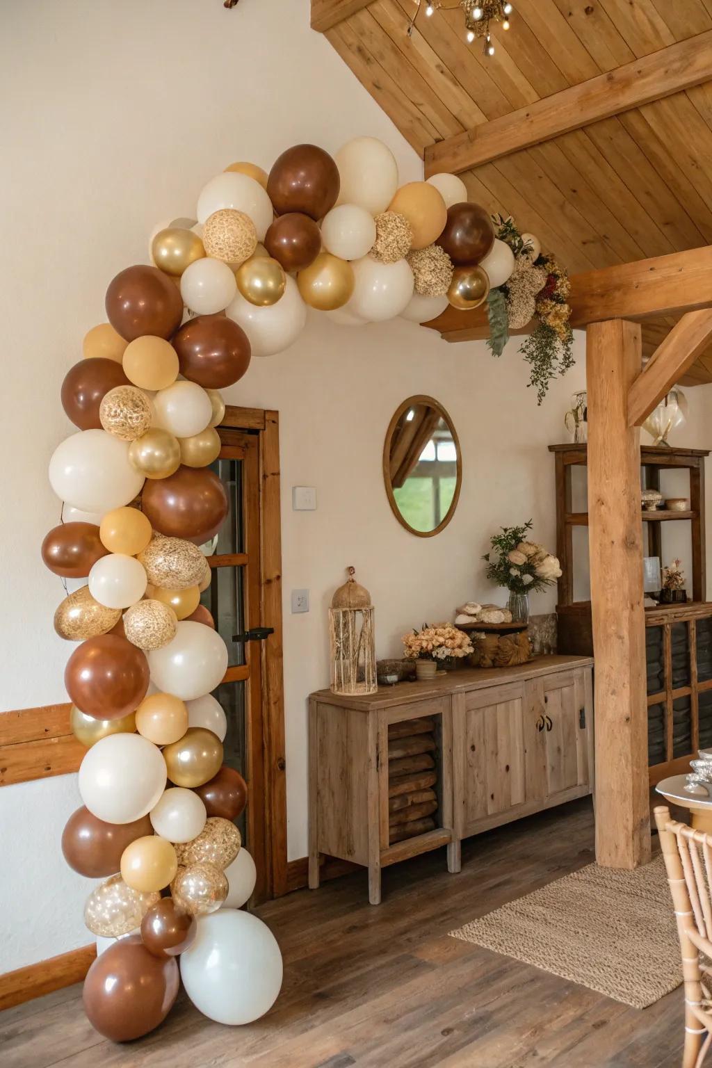 Cozy rustic balloon garland perfect for a charming celebration.