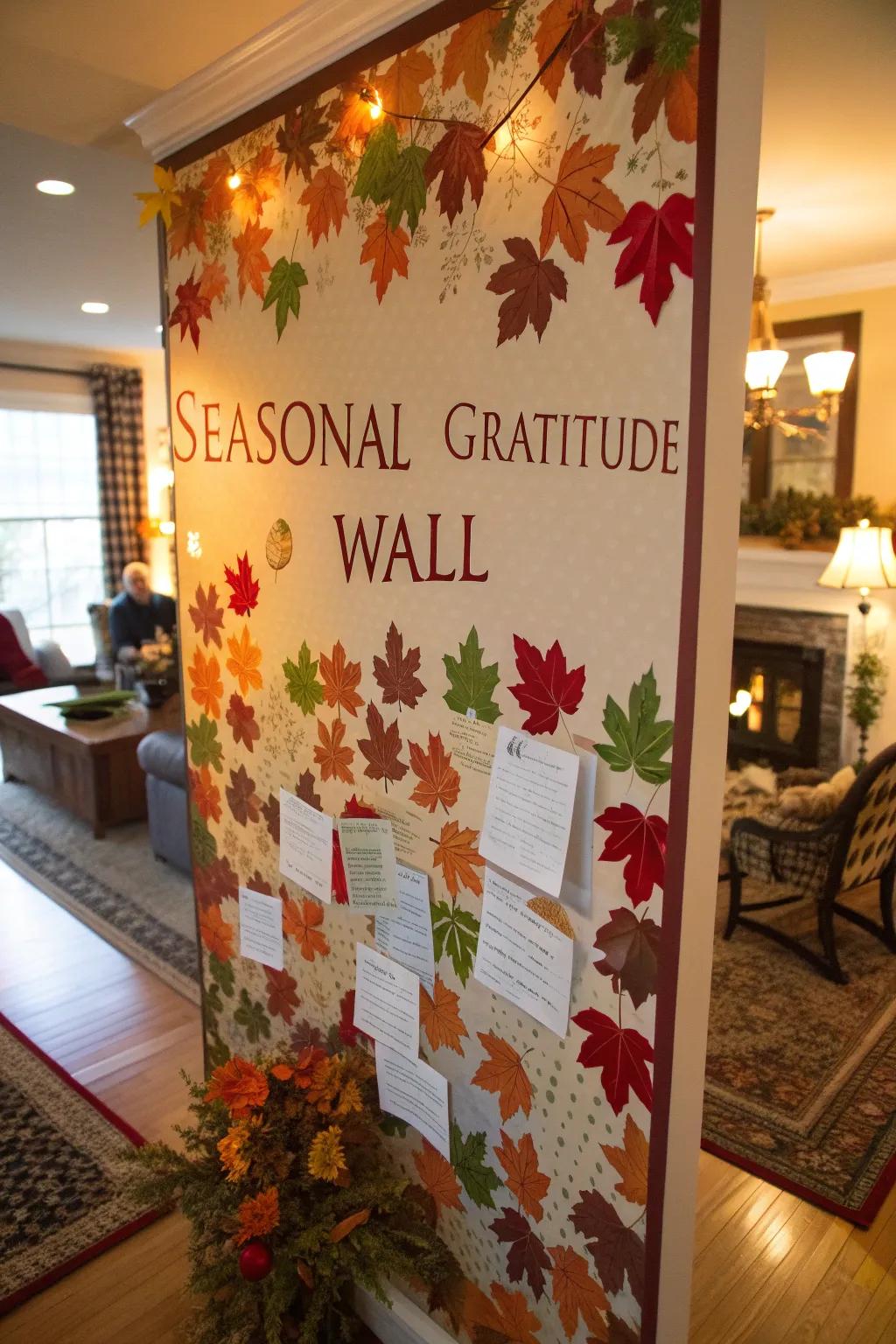 A seasonal gratitude wall with autumn elements.