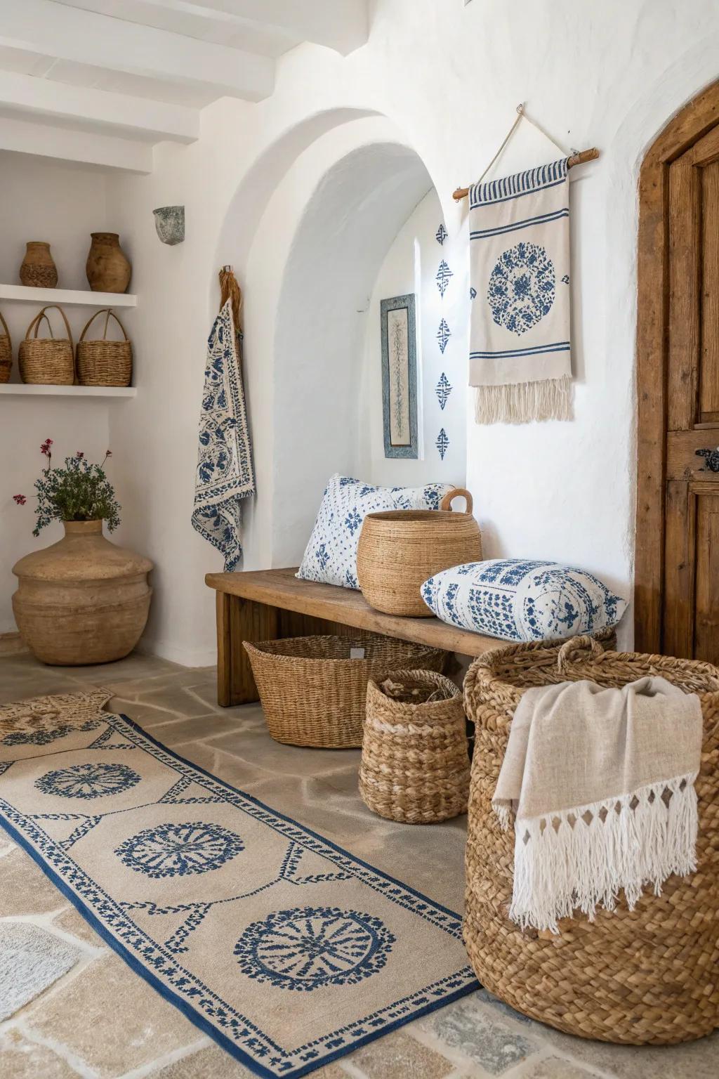 Textural decor accents add warmth to Greek-inspired interiors.