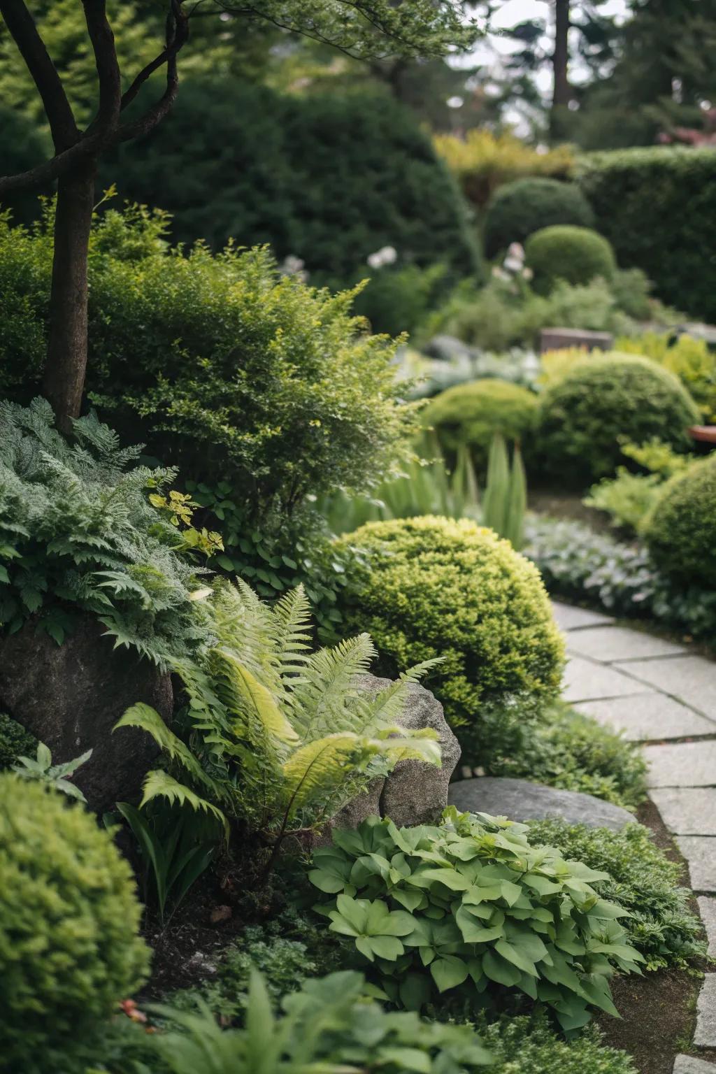 A soothing monochromatic green garden with diverse plant textures.