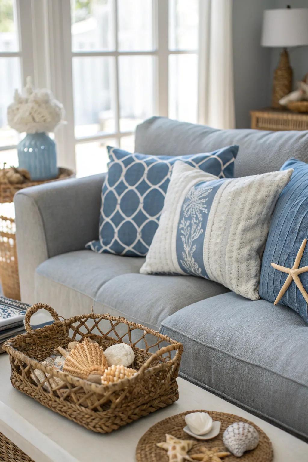 A grey couch styled for a serene coastal vibe.