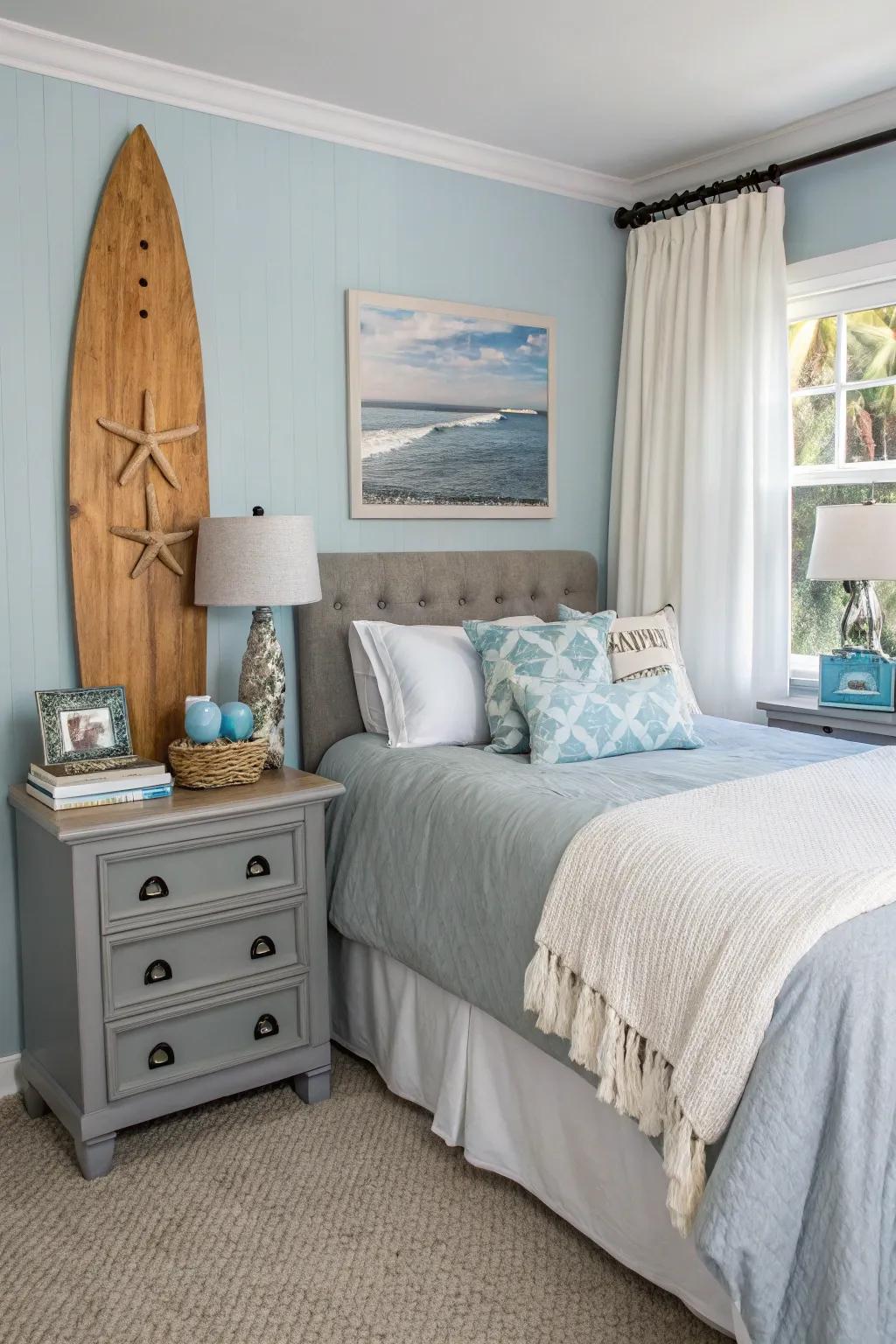Capture coastal vibes with grey furnishings and sea-inspired details.