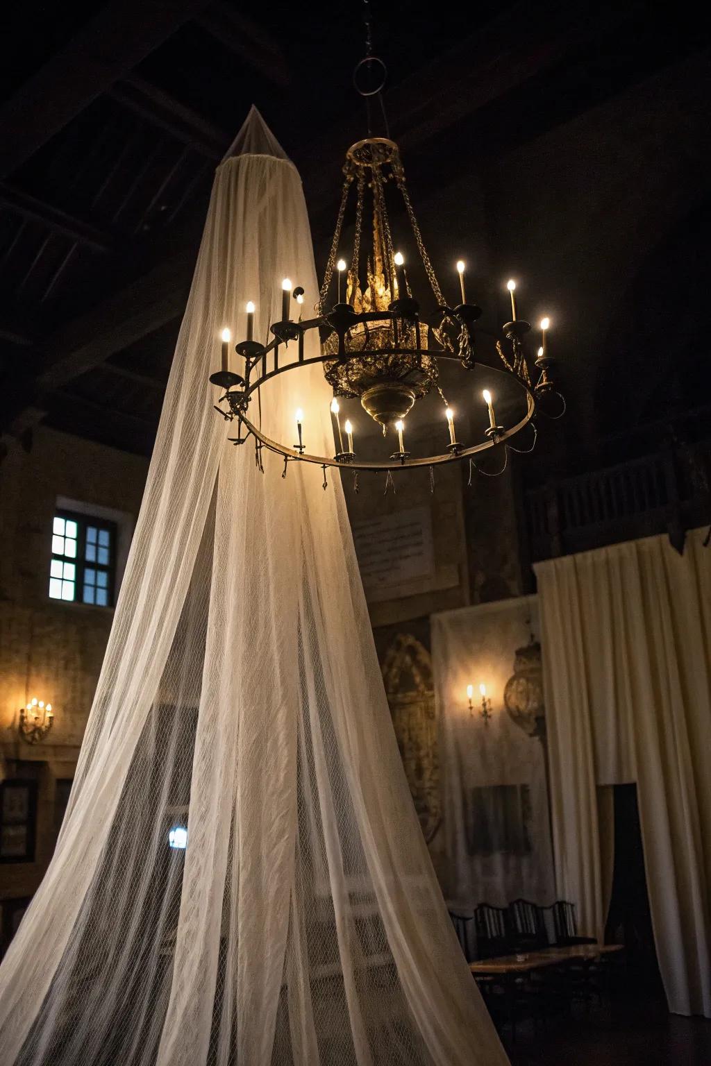 Cheesecloth adds a ghostly charm to any chandelier.