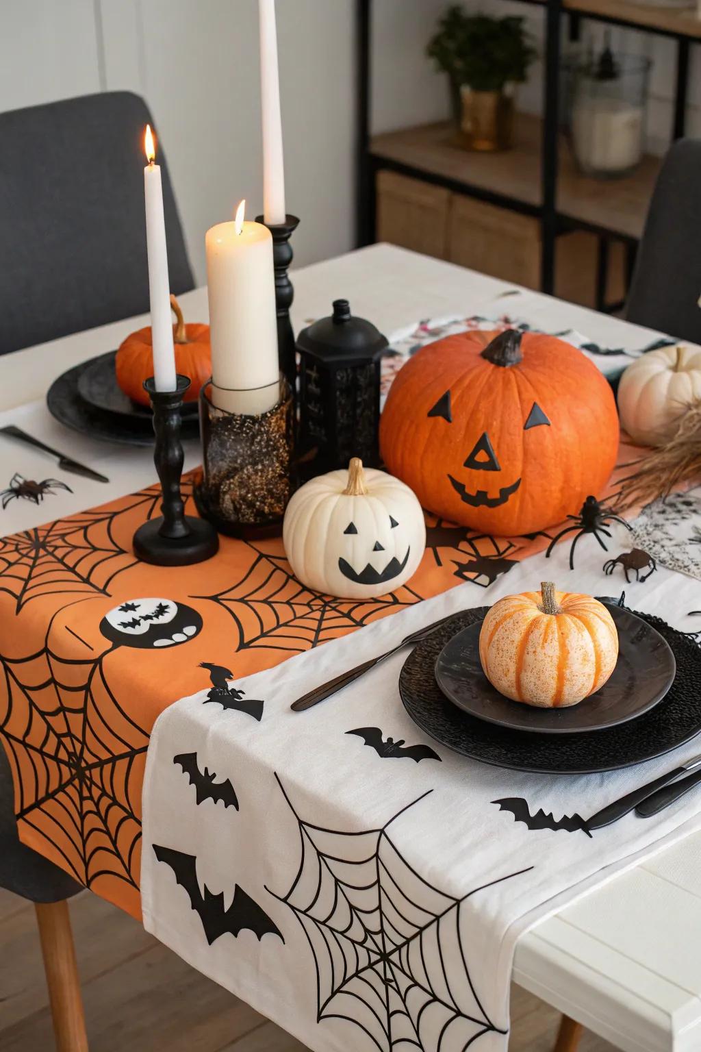 Set the table with spooky themed decor.