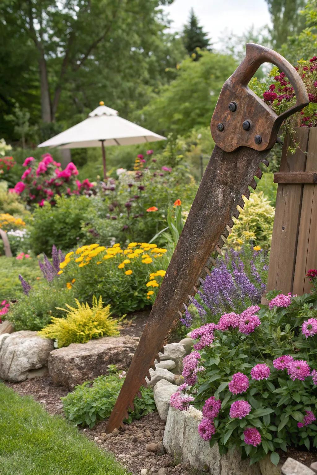 An outdoor sculpture crafted from vintage hand saws.