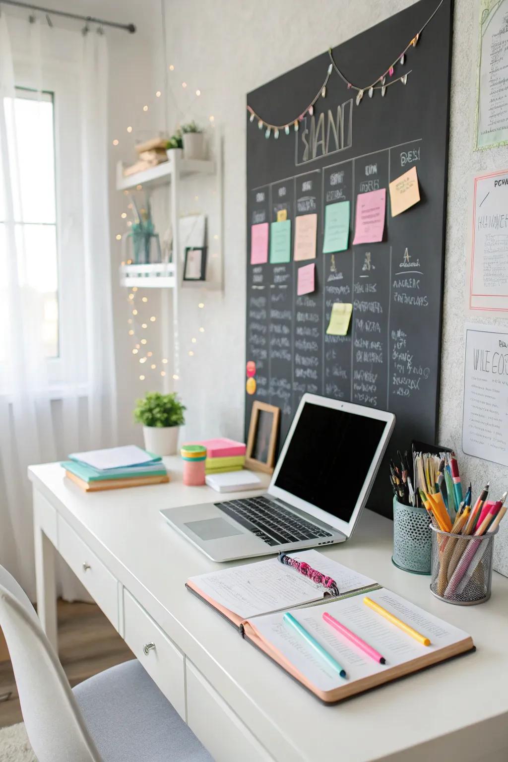 A writable wall provides functionality and creativity in this home office.