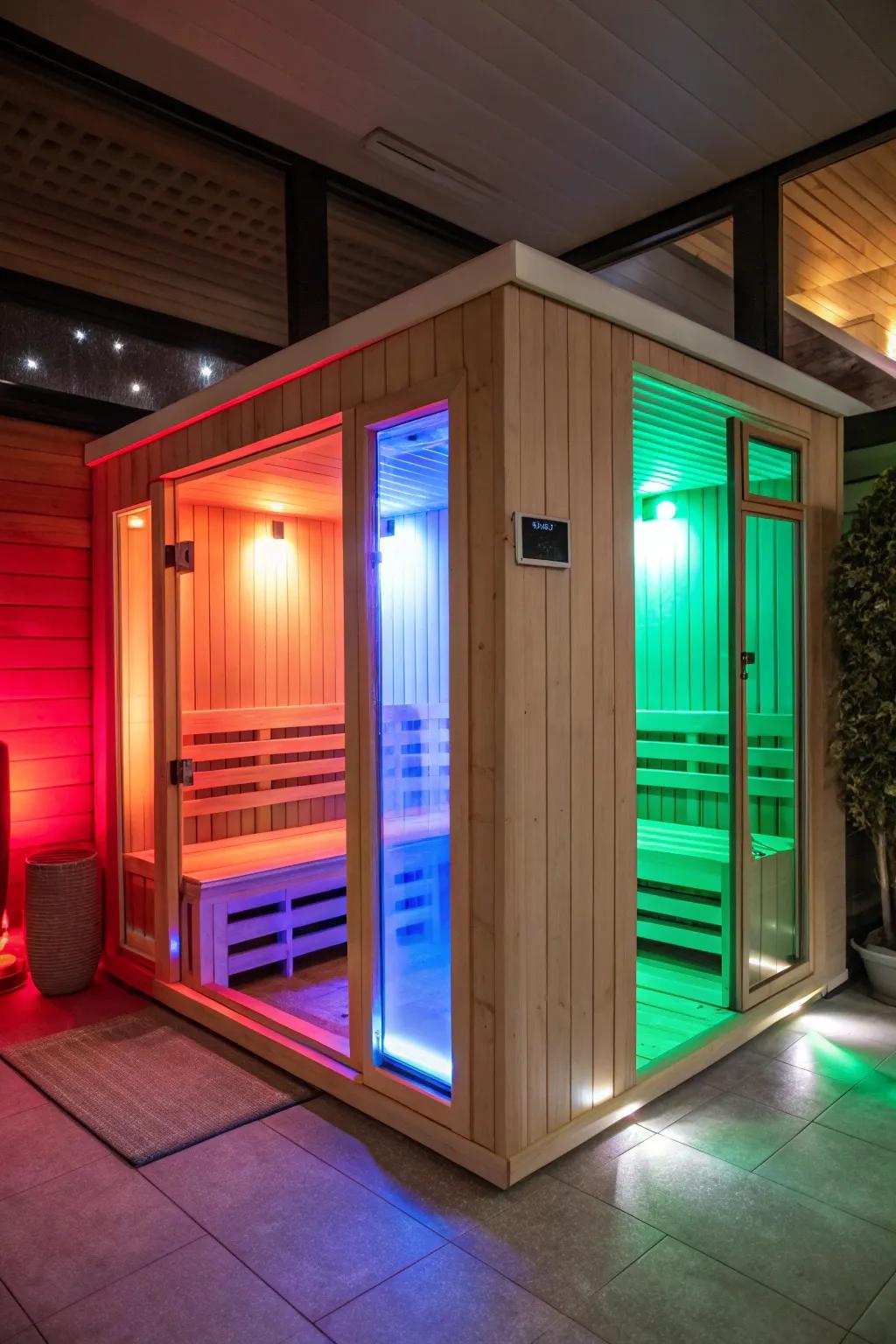 Chromatherapy lighting adds a colorful dimension to this sauna experience.