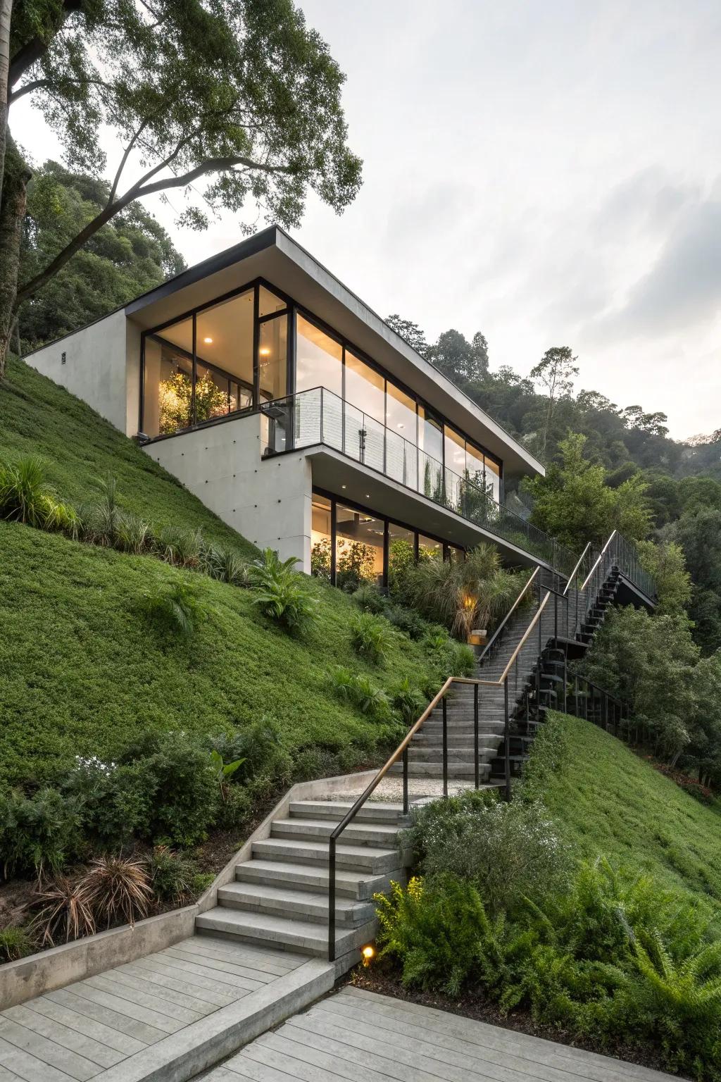 A floating staircase that elegantly connects different levels of a steep slope house.