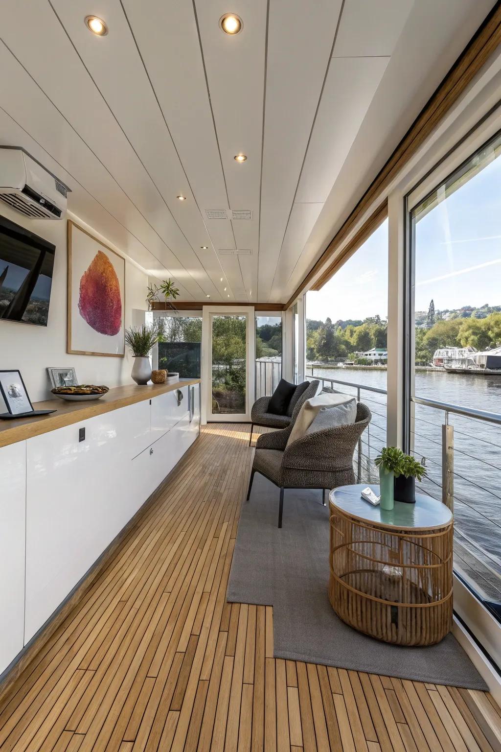 Lightweight materials ensure balance and style in this houseboat.