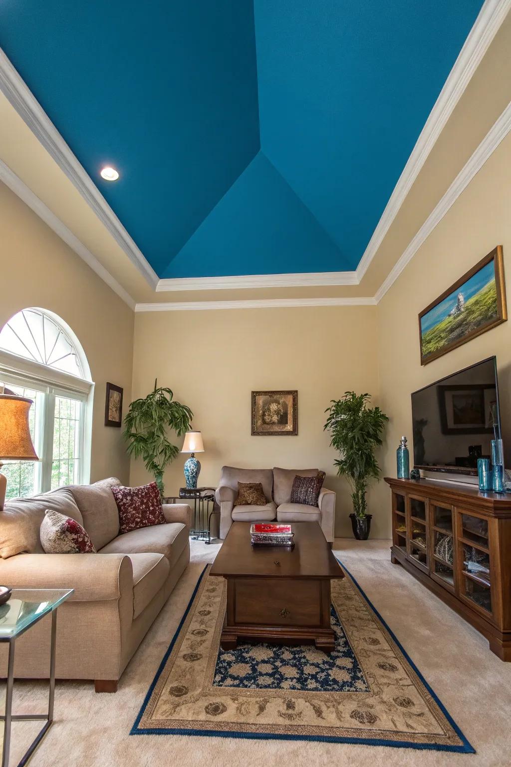 A bold ceiling hue injects drama and intrigue into rooms with high ceilings.