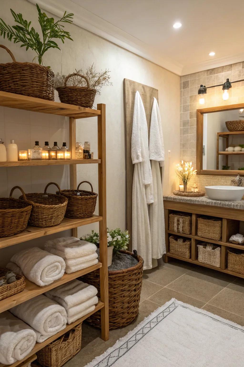 Lavatory baskets build an organized, spa-like ambiance.