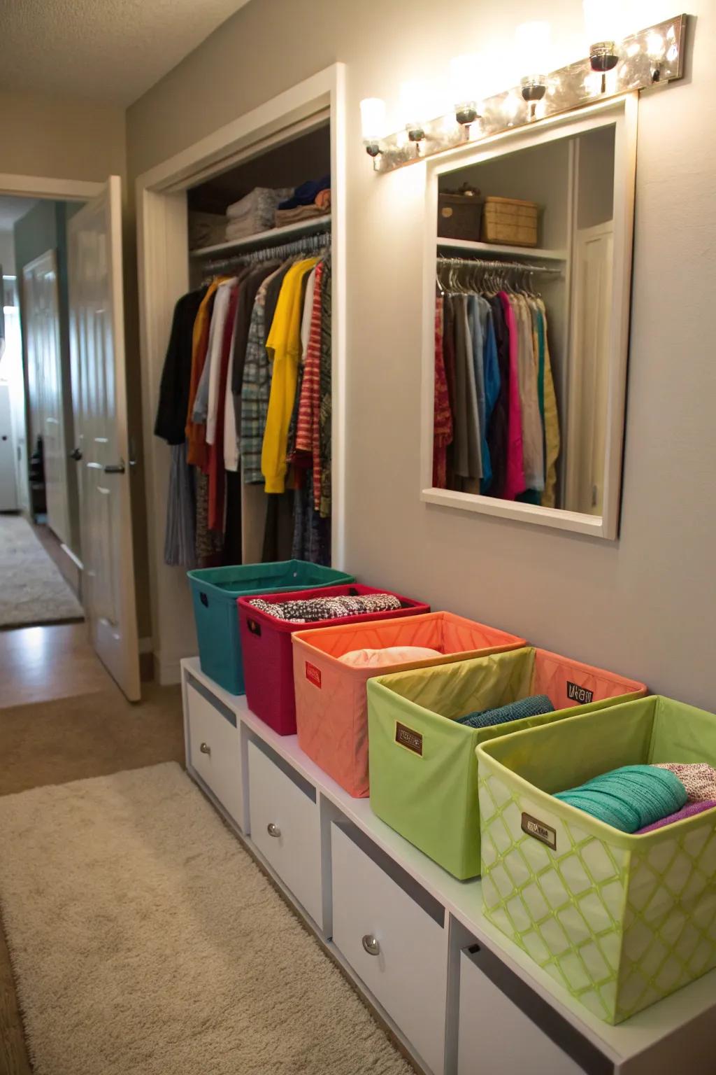 Fabric bins keeping storage areas tidy.