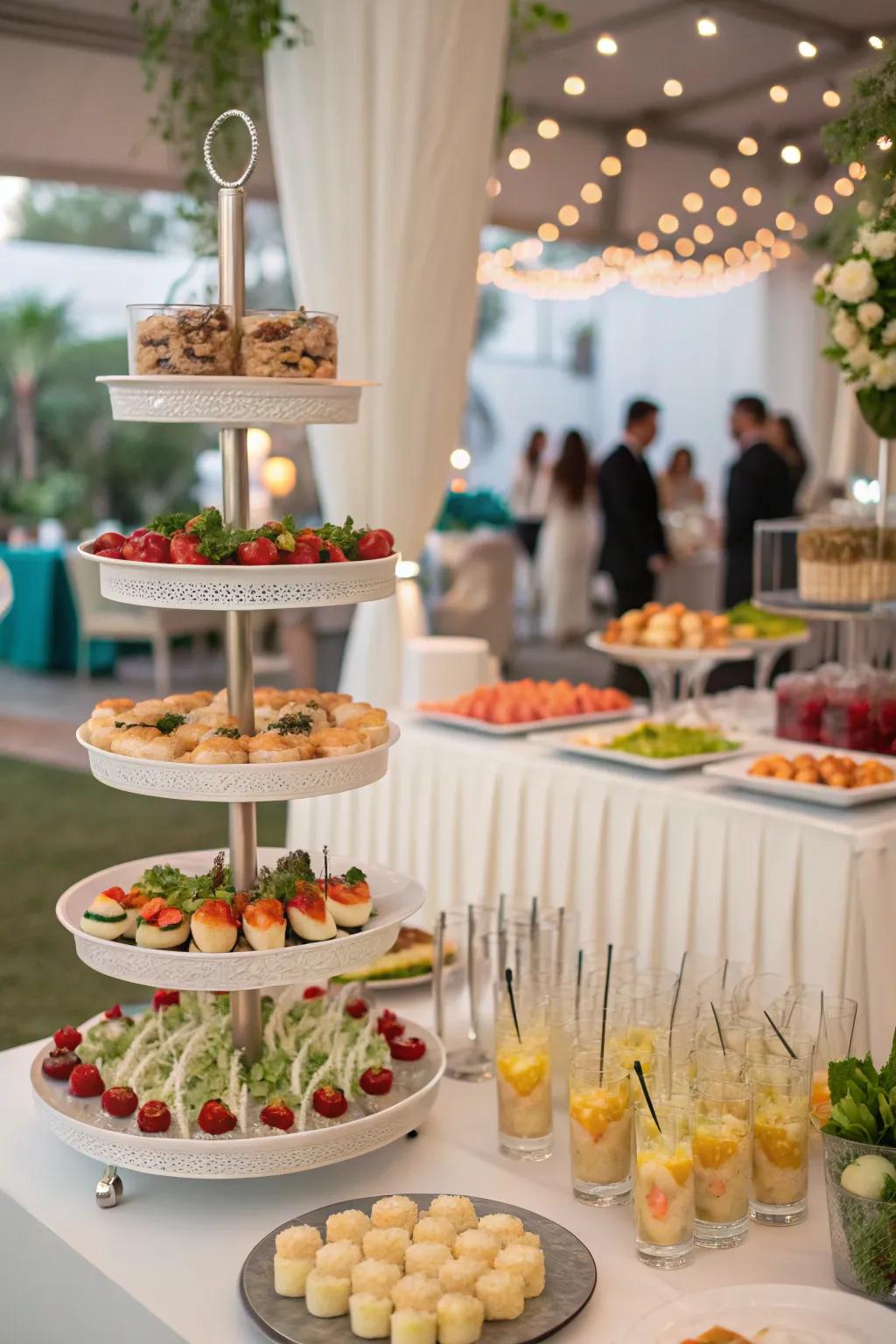Elevated food stations that provide both elegance and practicality.