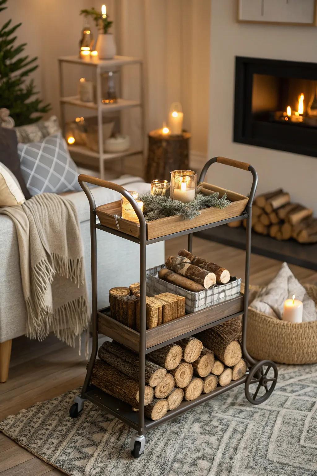 Rolling carts make transporting kindling to the fireplace easy and stylish.