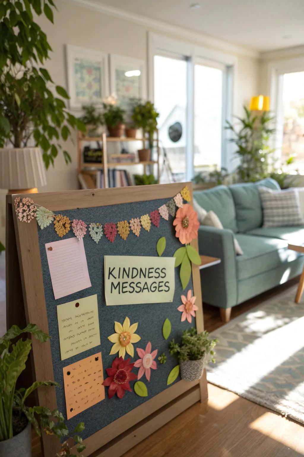 A sunlit living room garden-themed kindness bulletin board with paper flowers.