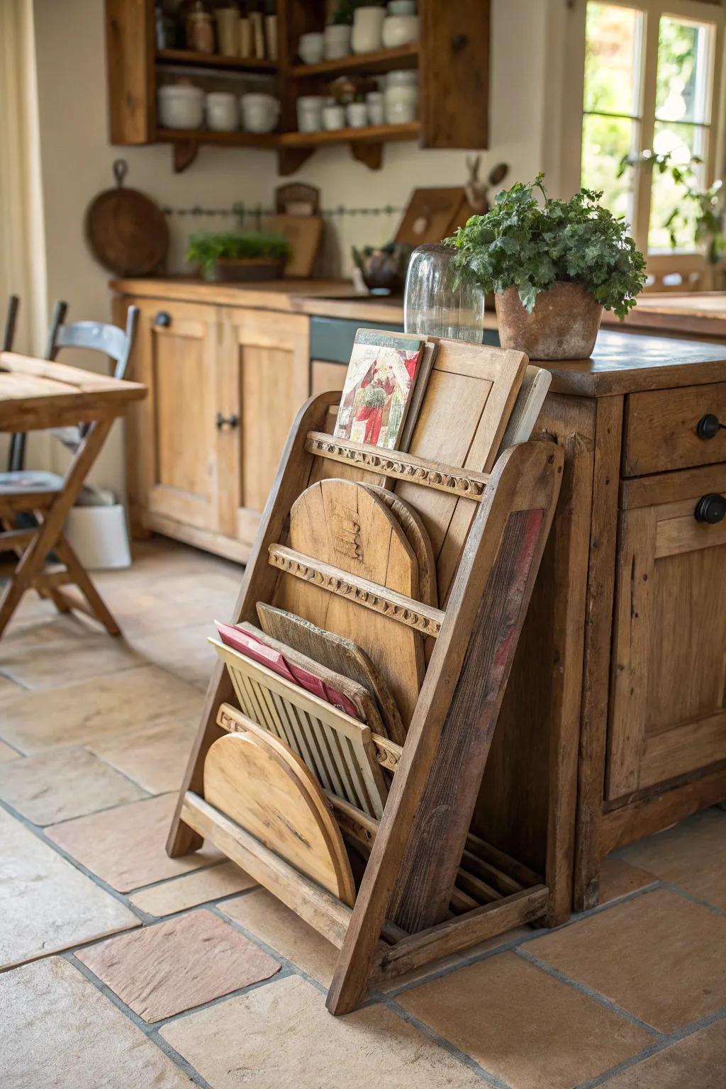 A vintage magazine rack offers a unique way to display cutting boards with charm.