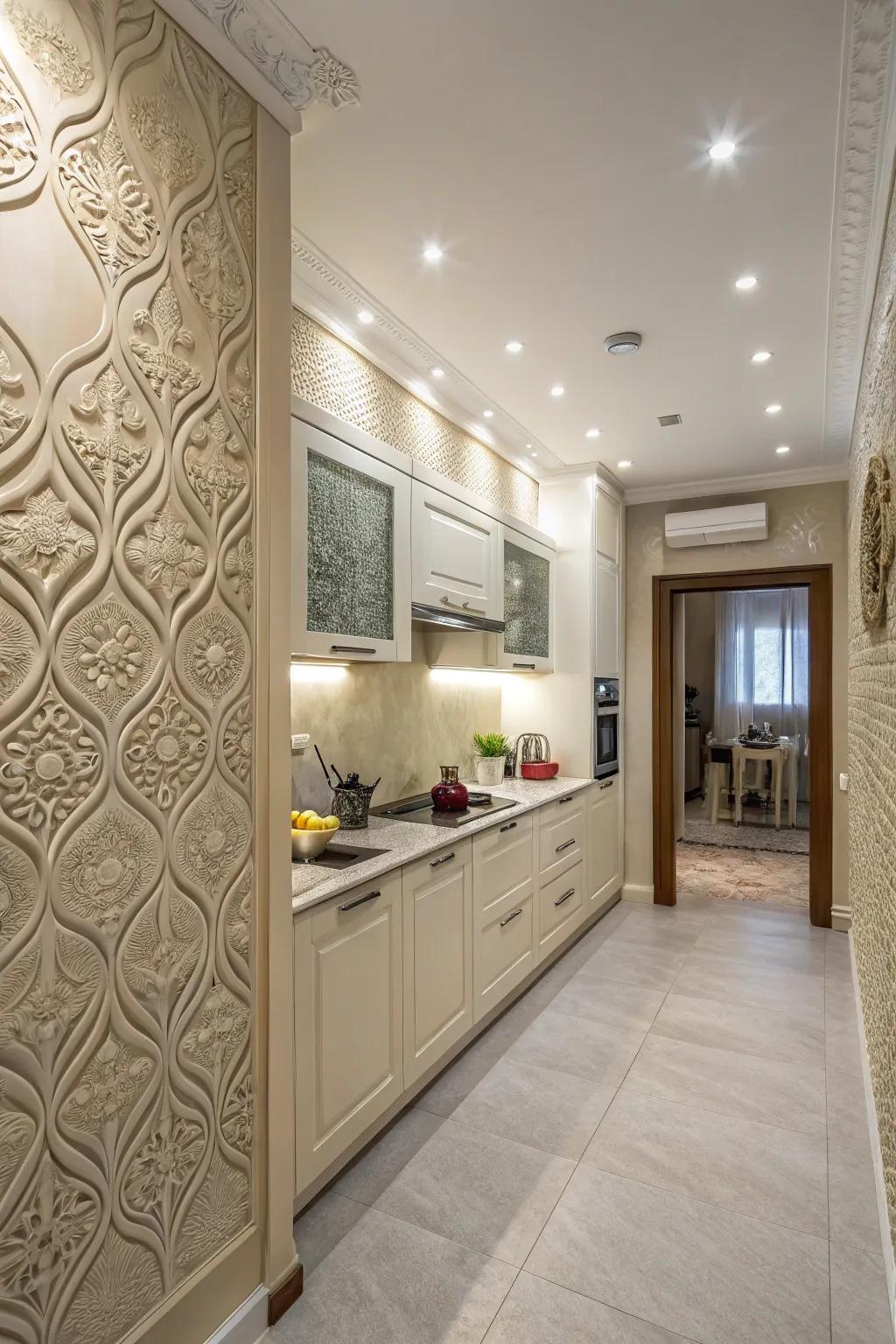 Bumpy wallpaper trims give depth to your kitchen.