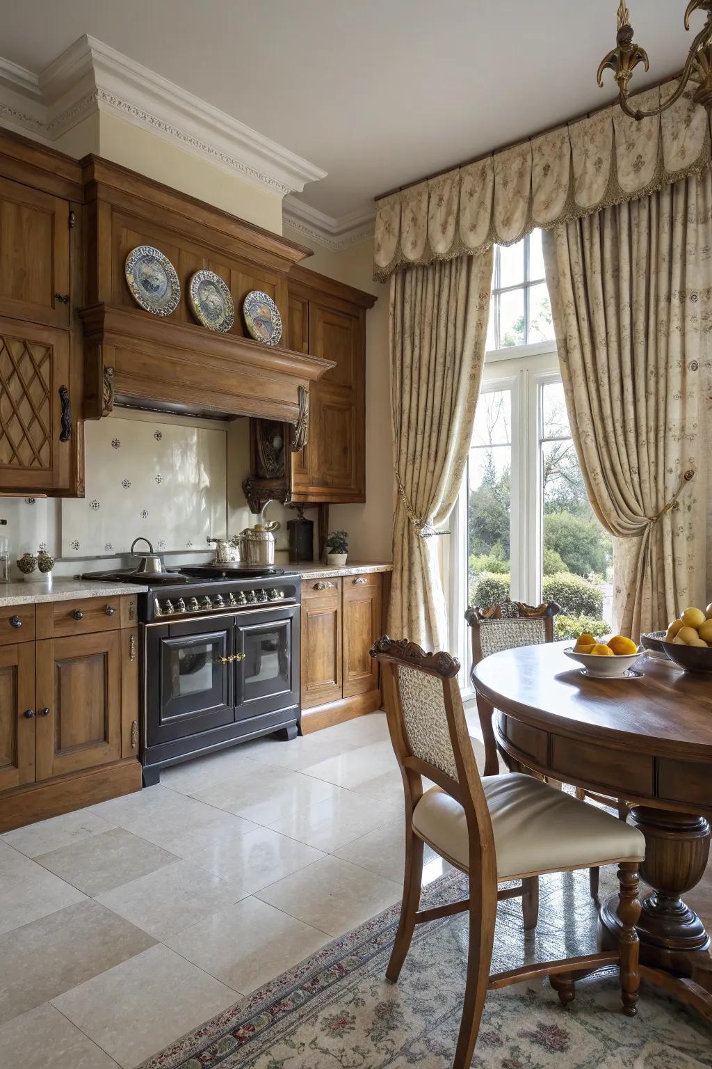 Pinch pleat curtains add a touch of sophistication to your kitchen.