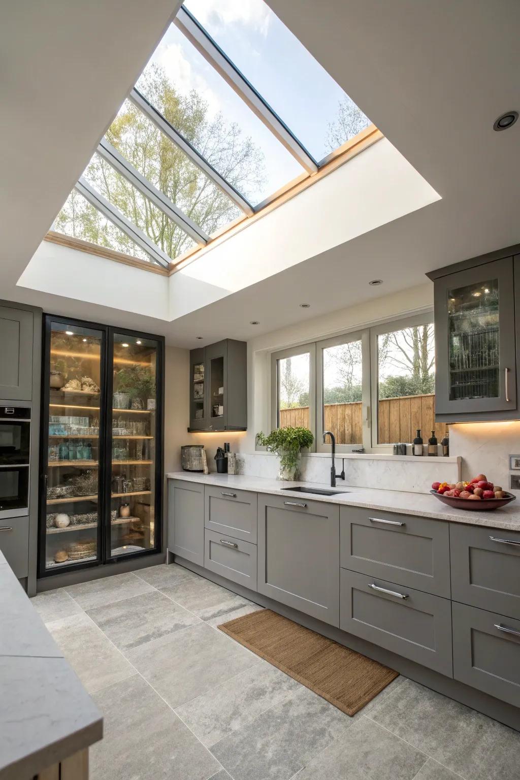 Skylights open up wall space for greater storage.