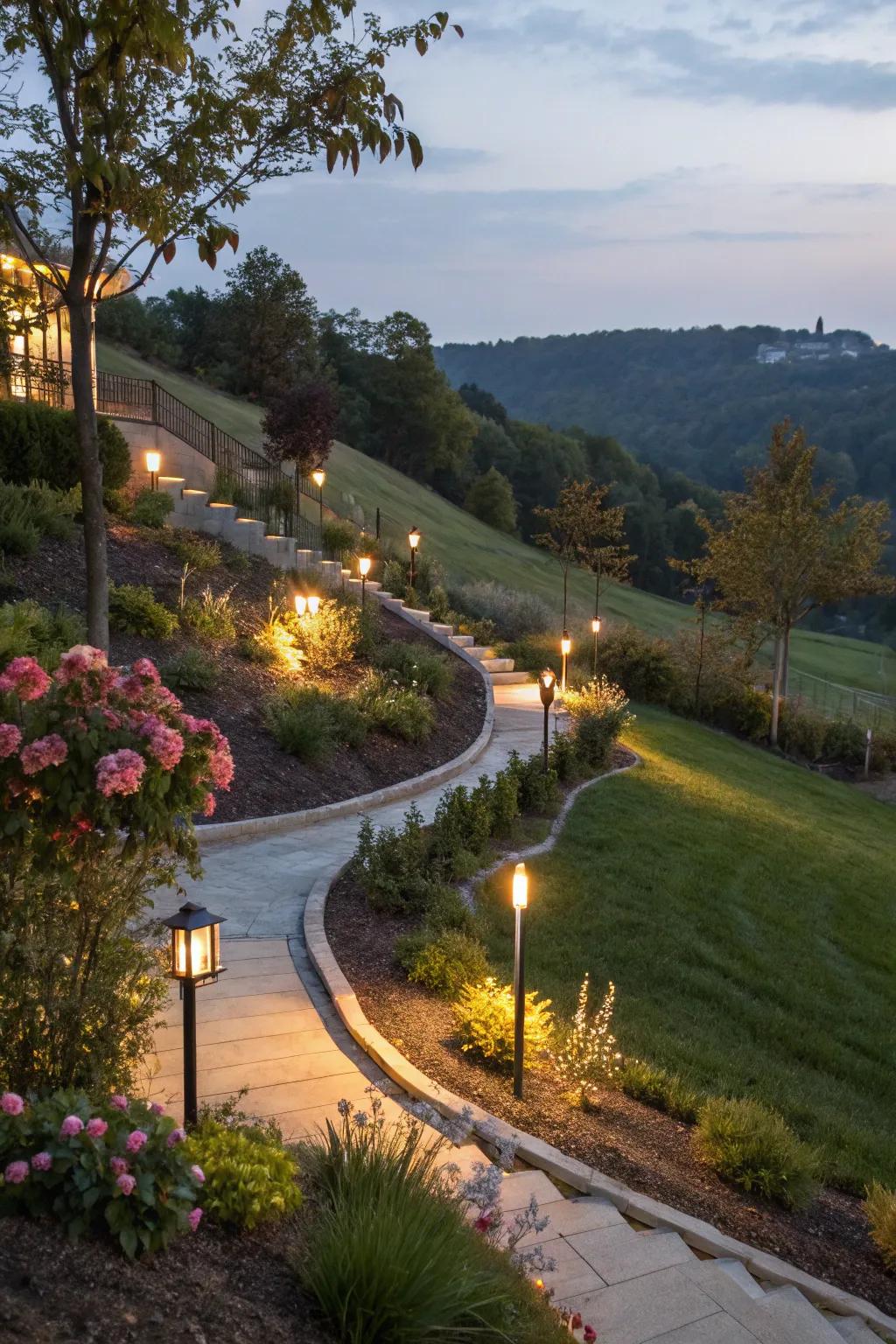 Lighting enriches the beauty and usefulness of gardens on a slope after dark.