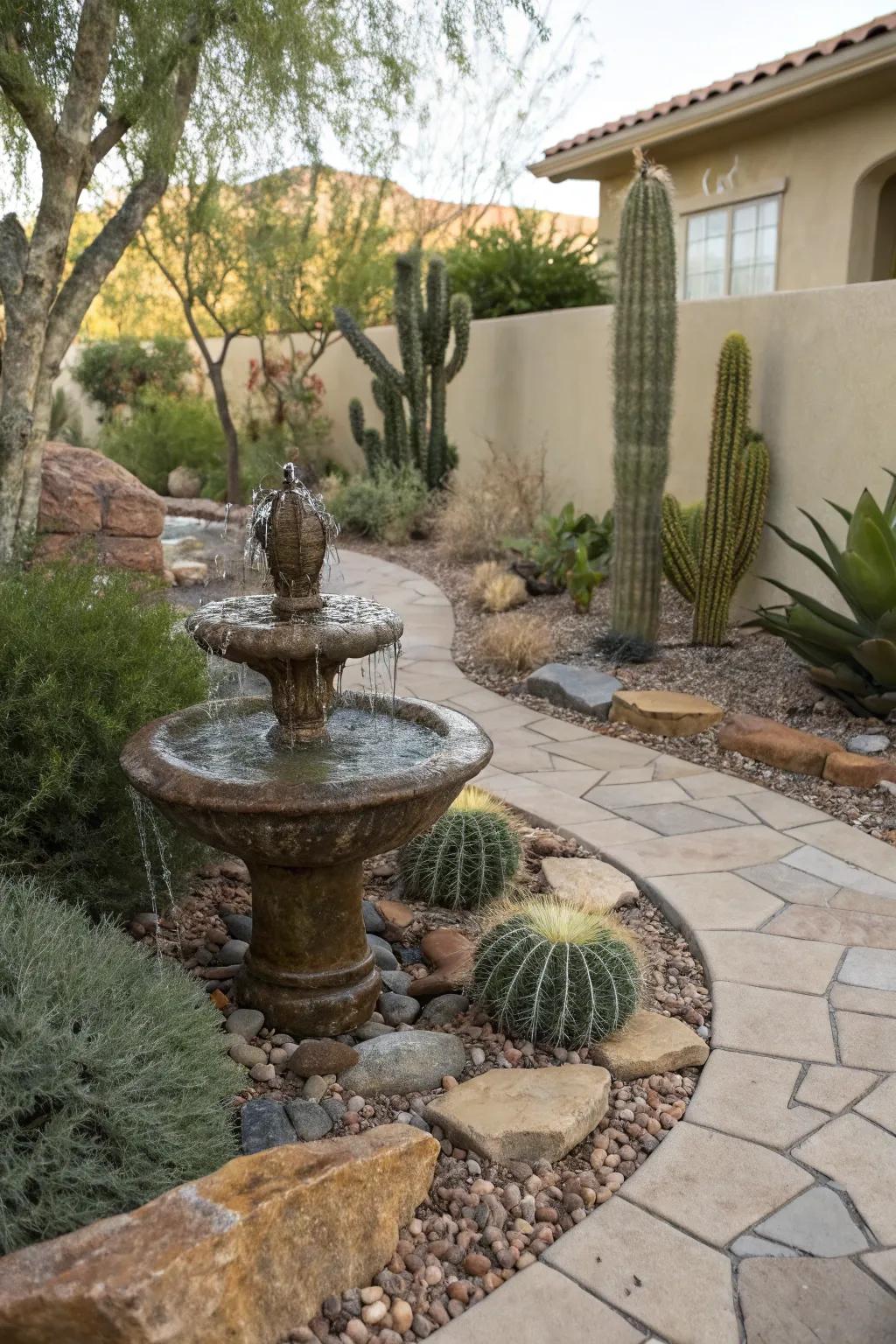 Small water fountain surrounded by desert plants in a Las Vegas backyard.