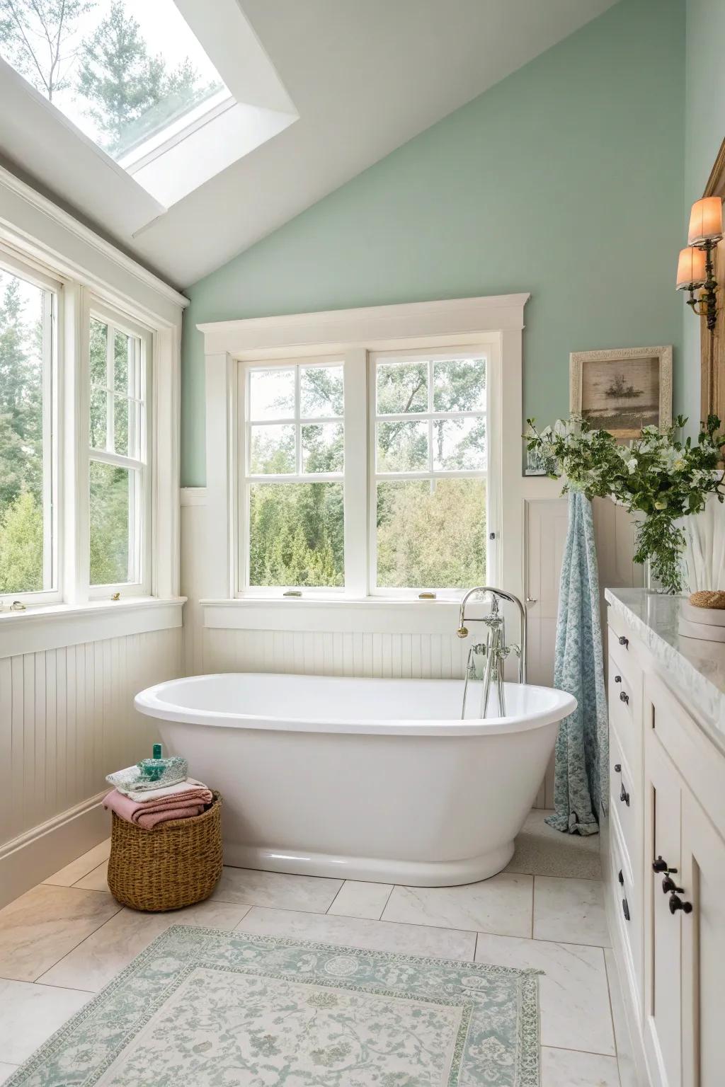 Freestanding bathtubs offer elegance and relaxation in a light bathroom.