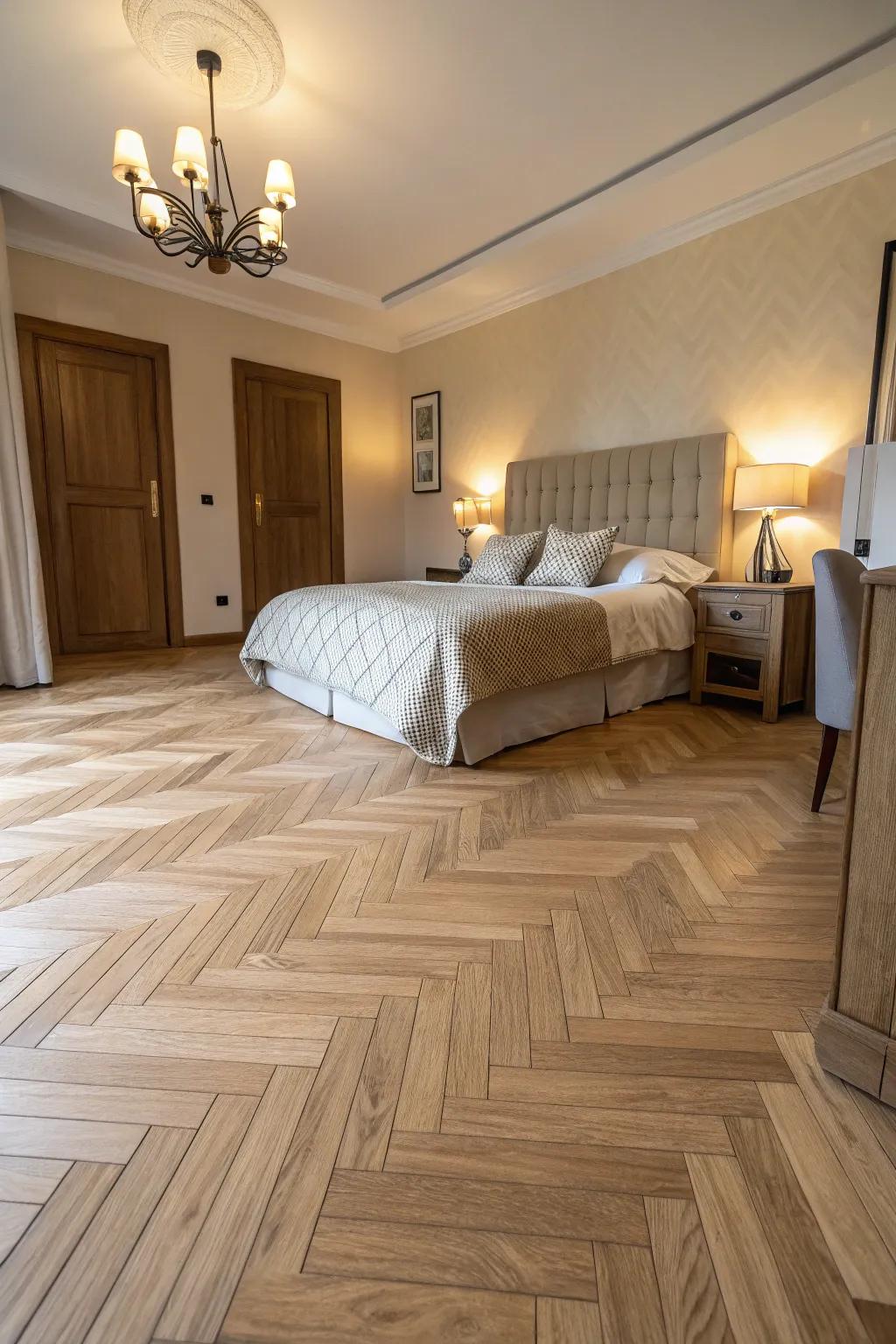 Herringbone designs imparting grace to pale timber flooring.