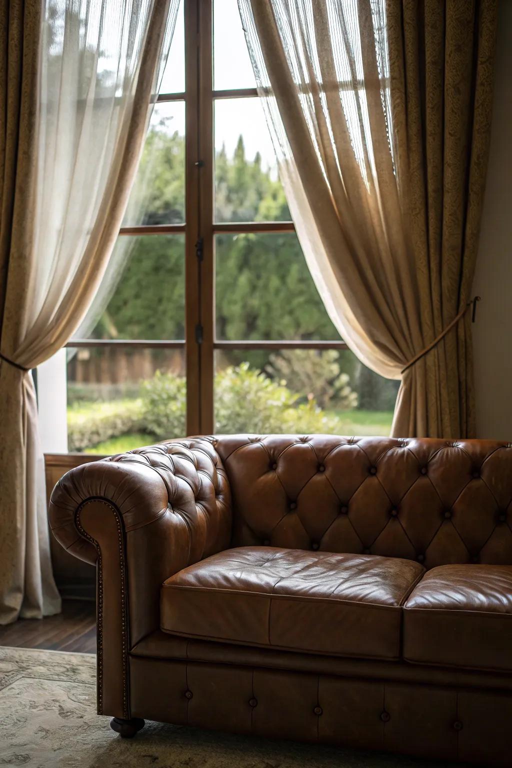 Drapes add elegance and coziness around the sofa.