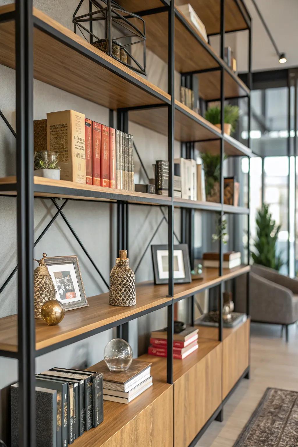 Mixing materials adds texture and depth to your bookshelves.