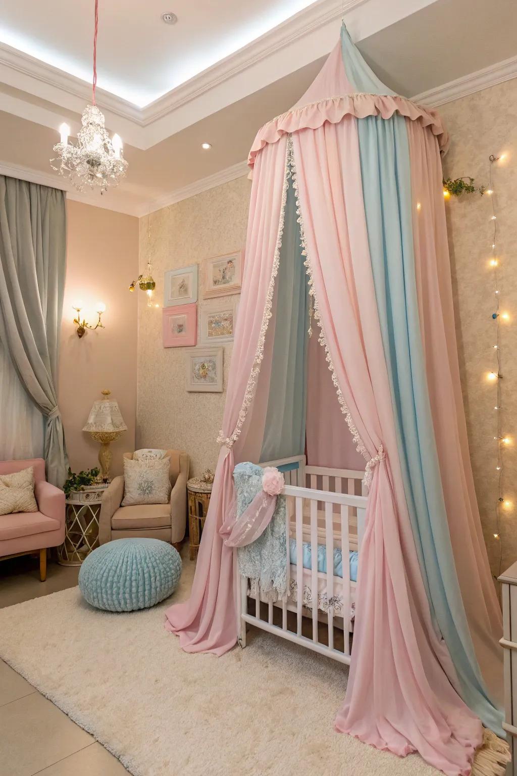 A nursery with elegant drapery that adds a touch of opulence and light control.