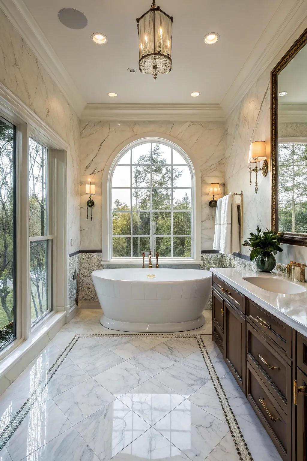 An unattached hydromassage tub serves as the focal point in this primary bathroom.