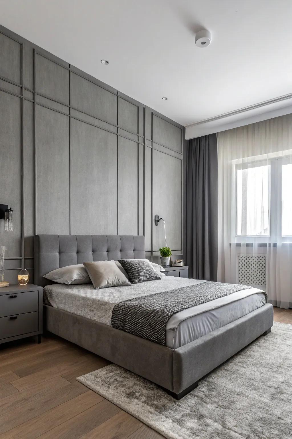 A bedroom with a calming monochrome color scheme.