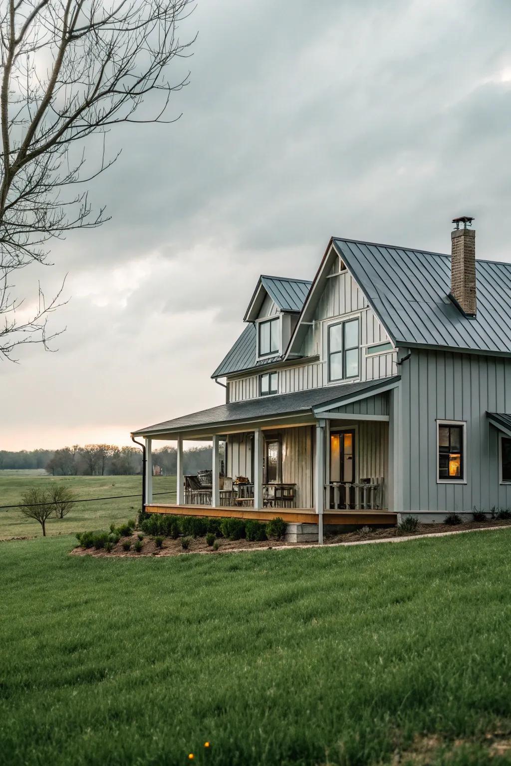 A rural farmhouse-style home beautifully incorporating modern metal cladding.