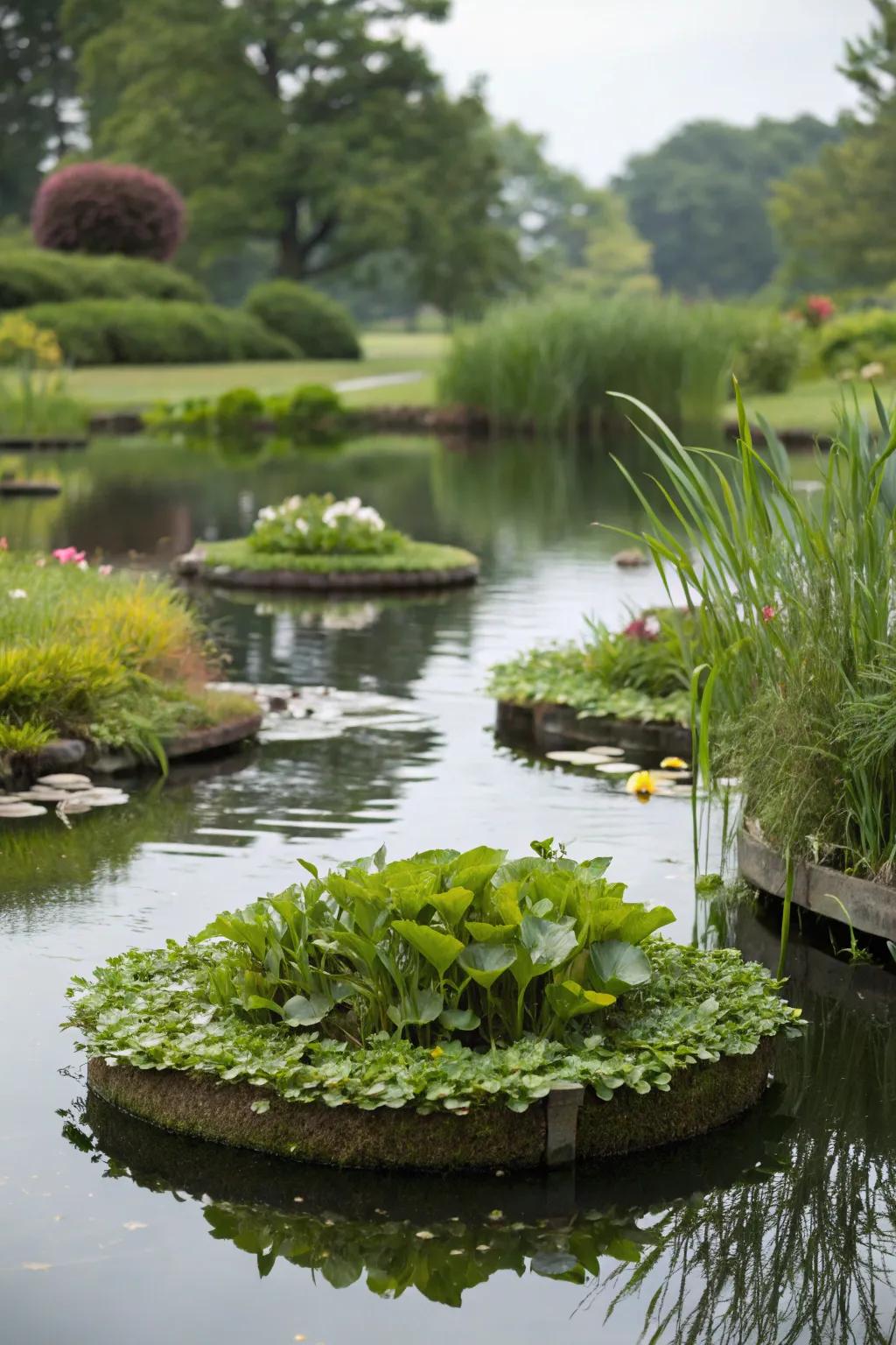 Floating plant islands enhance the charm of a mini pond.