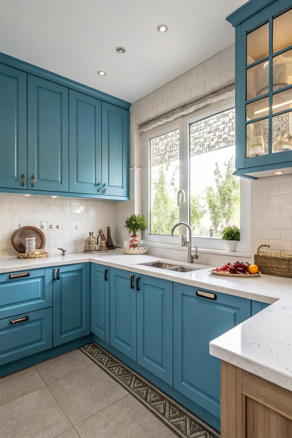 Neutral countertops provide a calming contrast to bold cabinetry.