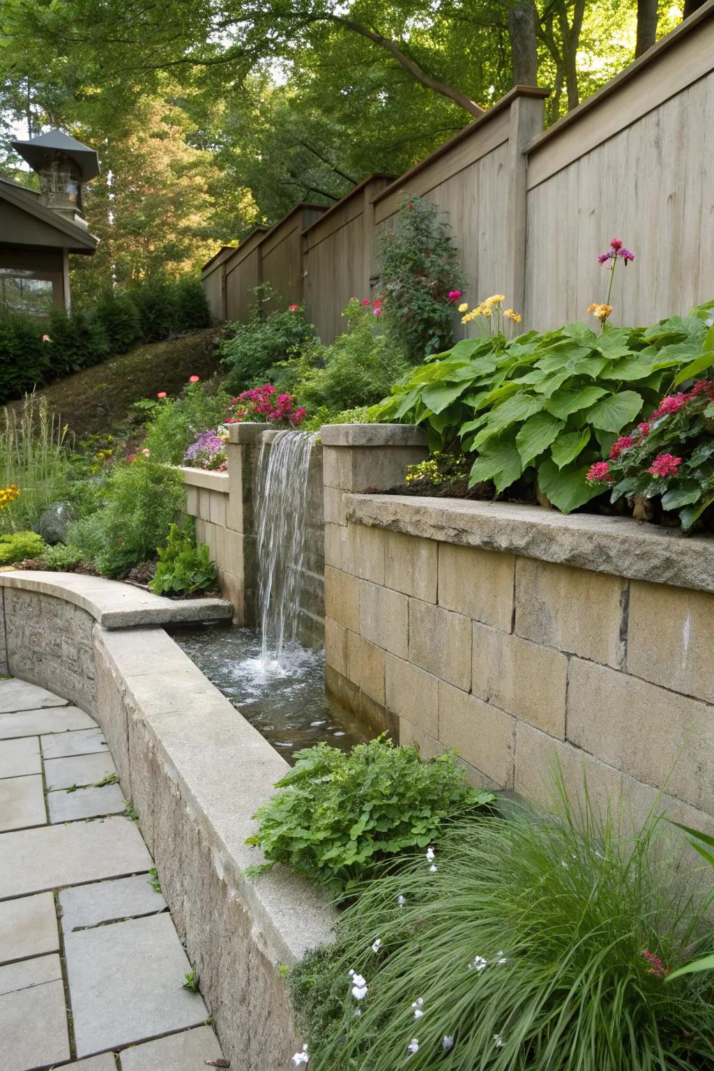 Rockface with a waterfall, adding tranquility to the garden.