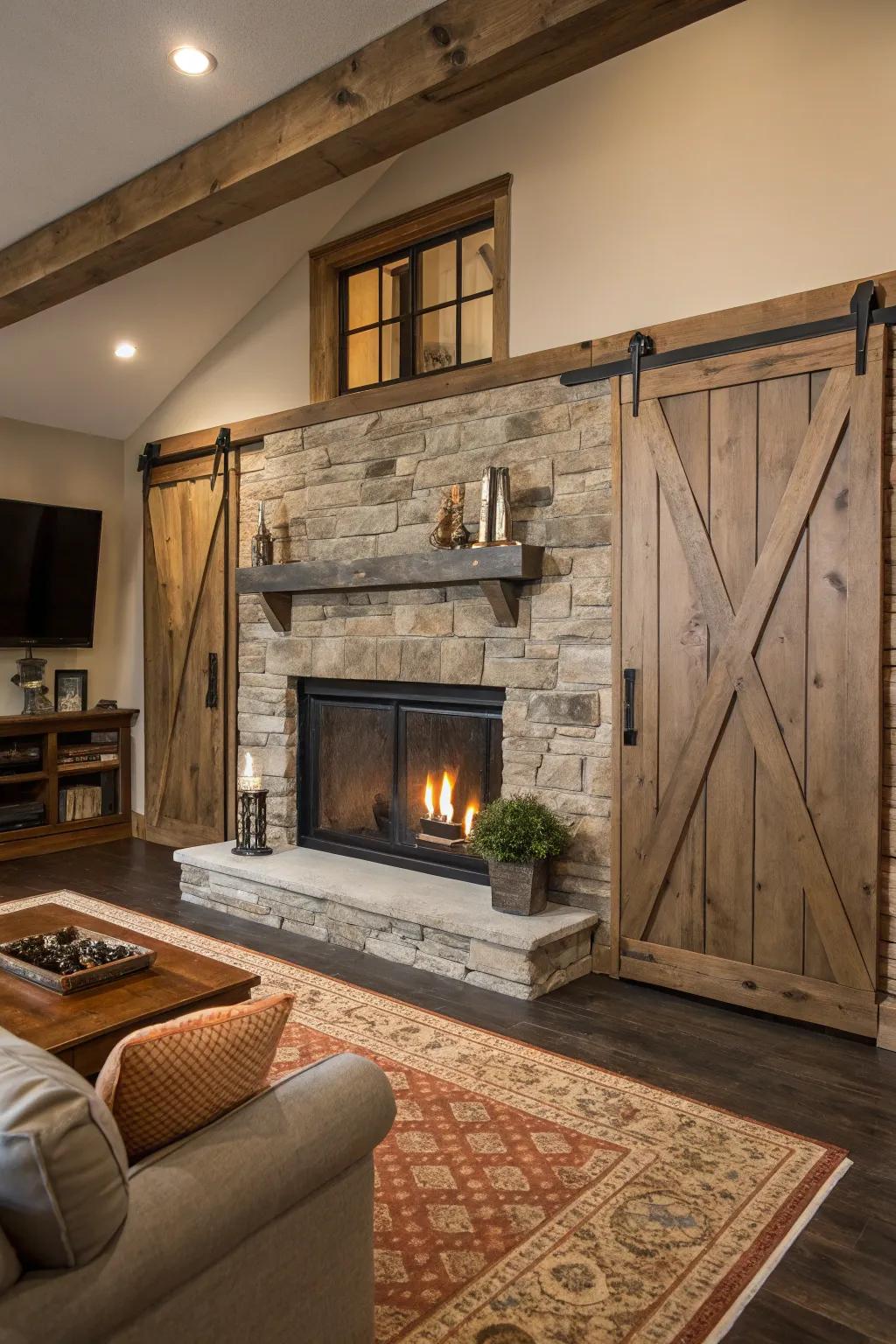 Sliding barn doors add a unique and functional touch.