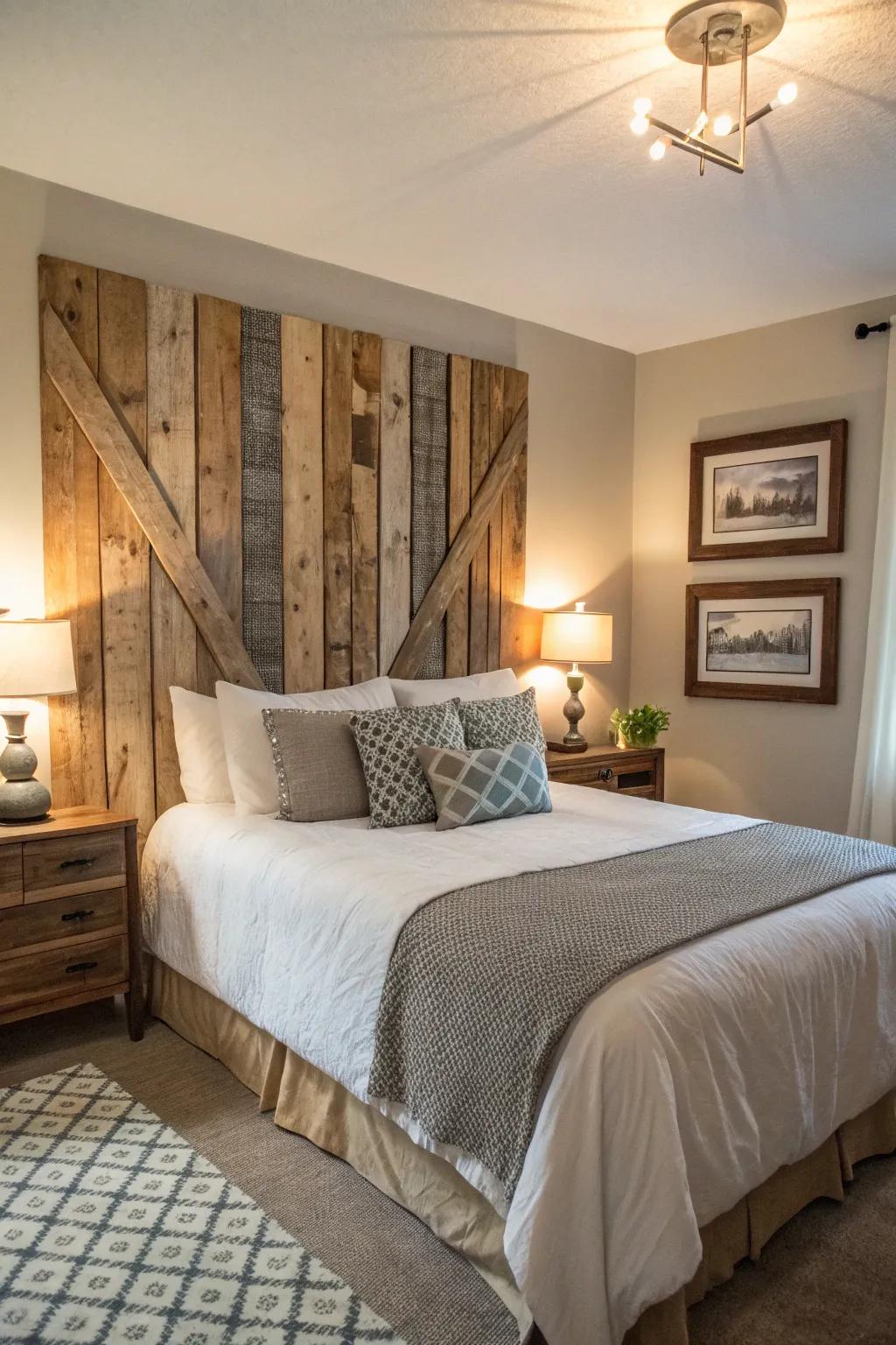 Reclaimed wood art adds a rustic story to this farmhouse guest bedroom.