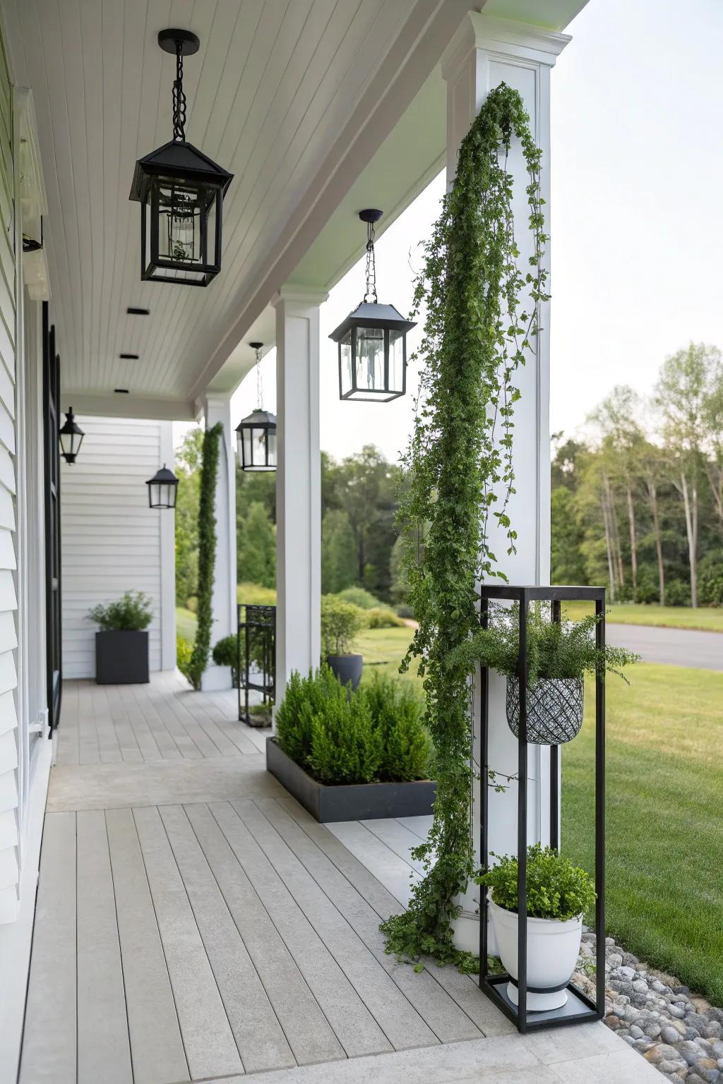 Minimalistic accessories enhance the contemporary vibe of a porch.