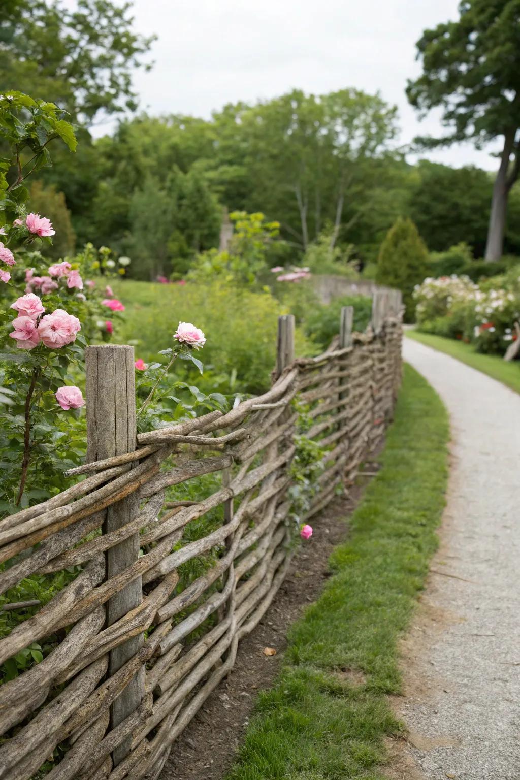 Enhance your garden with the rustic charm of a woven wood fence.