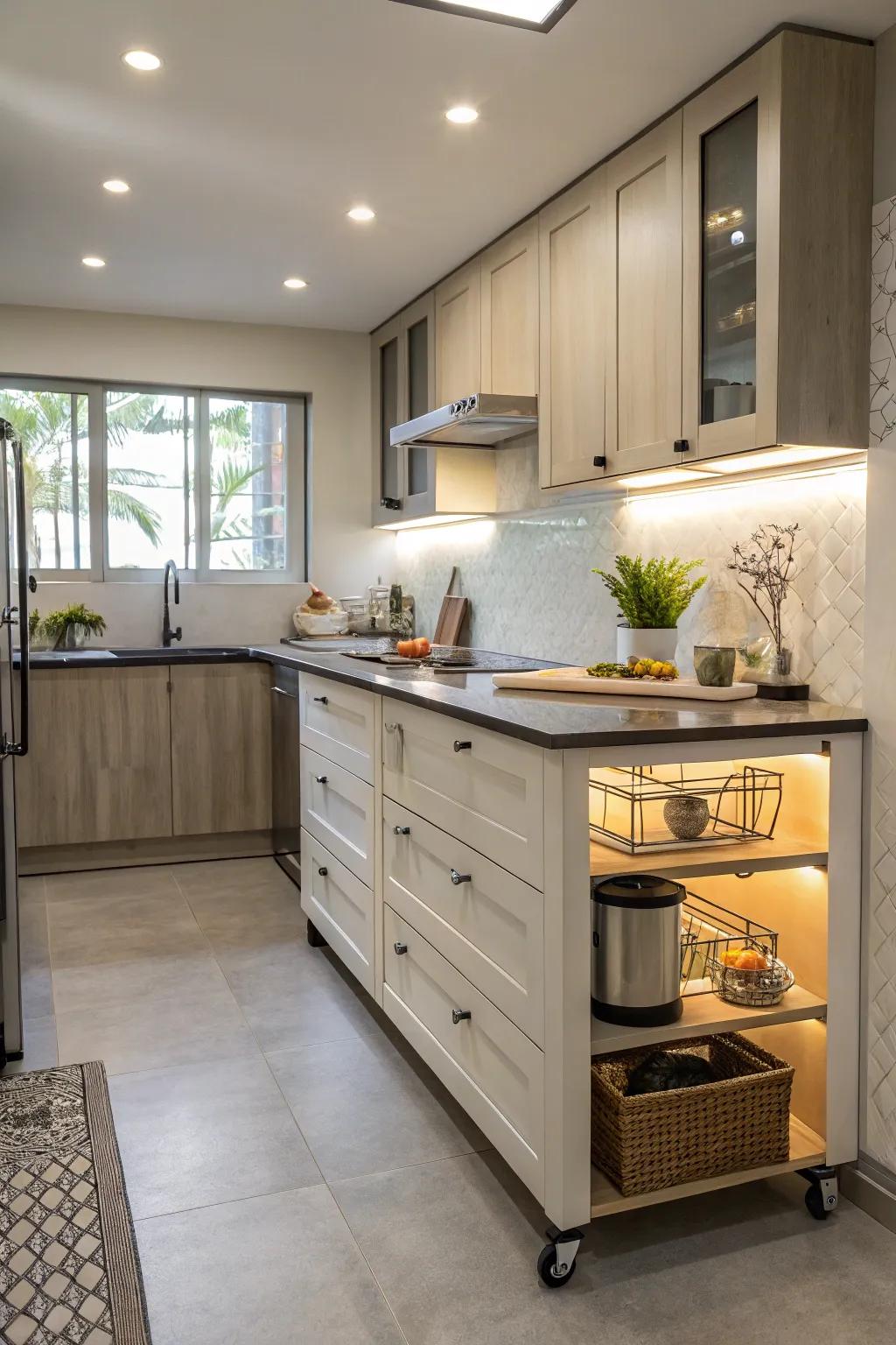 A rolling island adds versatility to a small kitchen setup.