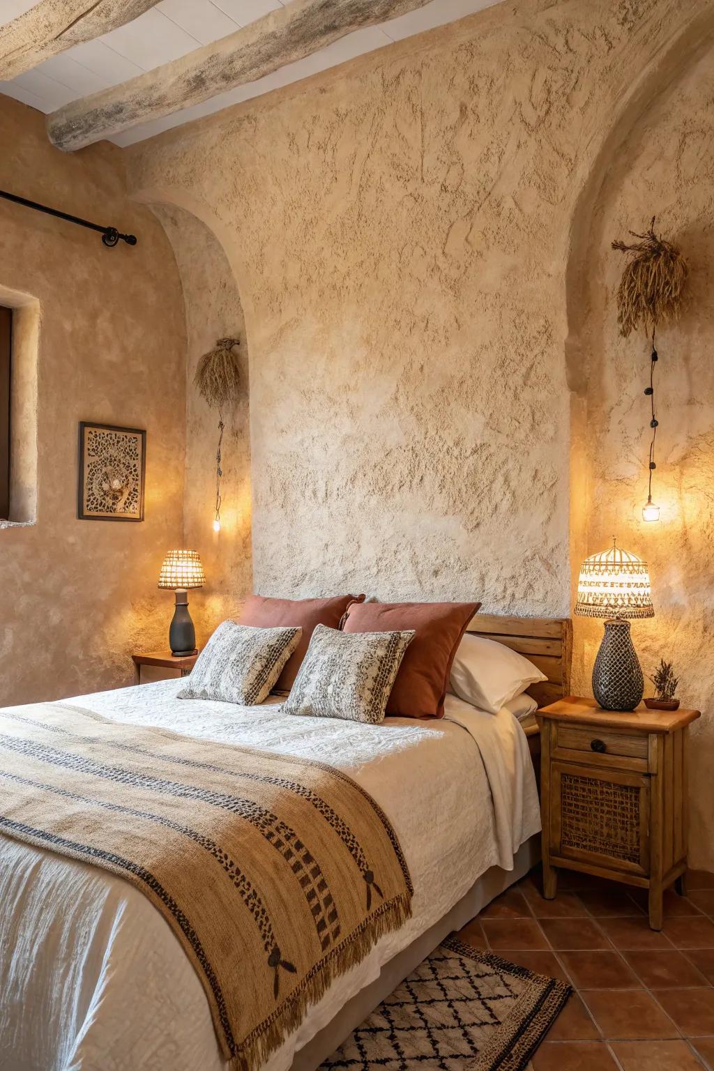 Plastered walls with texture add country-style depth to a modern Spanish bedroom.