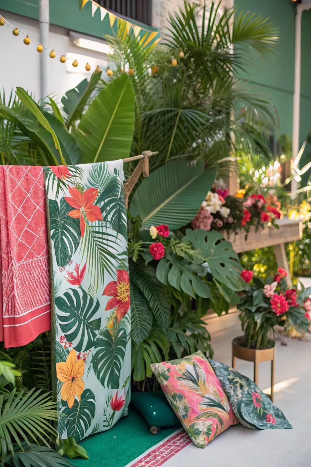 A tropical mood board featuring vibrant plants and exotic elements.